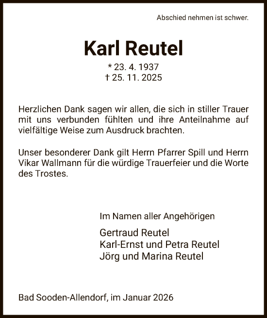 Traueranzeige von Karl Reutel von HNA