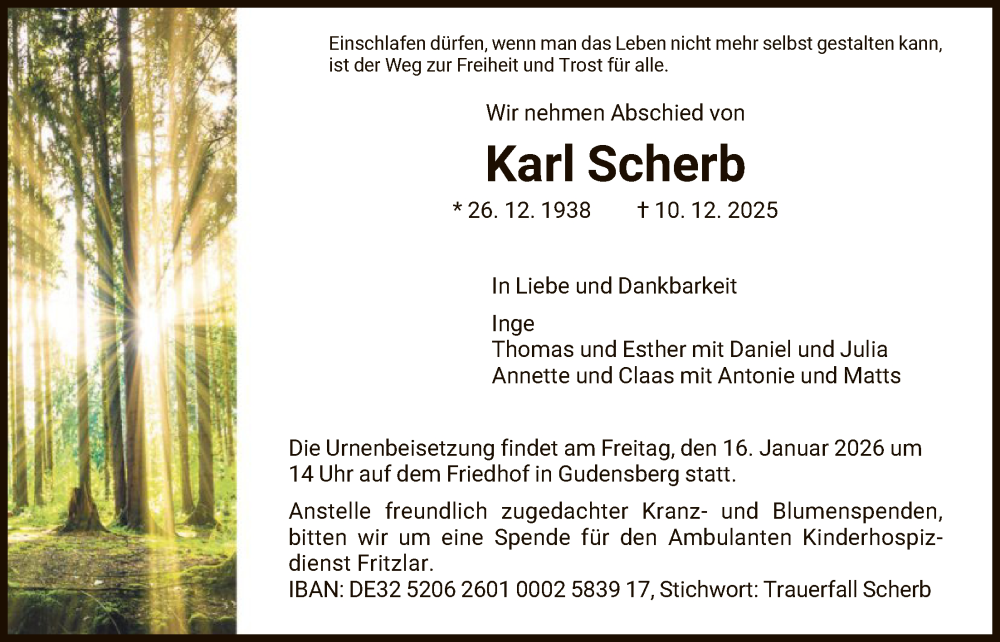  Traueranzeige für Karl Scherb vom 10.01.2026 aus HNA
