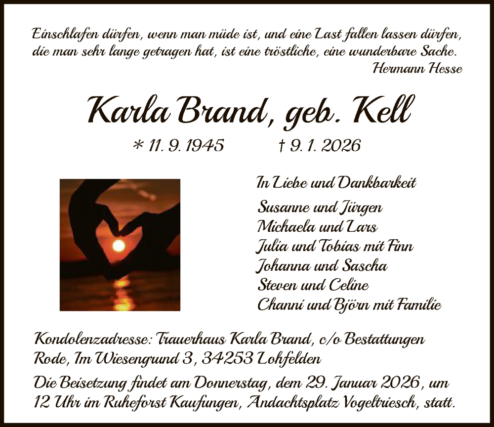  Traueranzeige für Karla Brand vom 24.01.2026 aus HNA