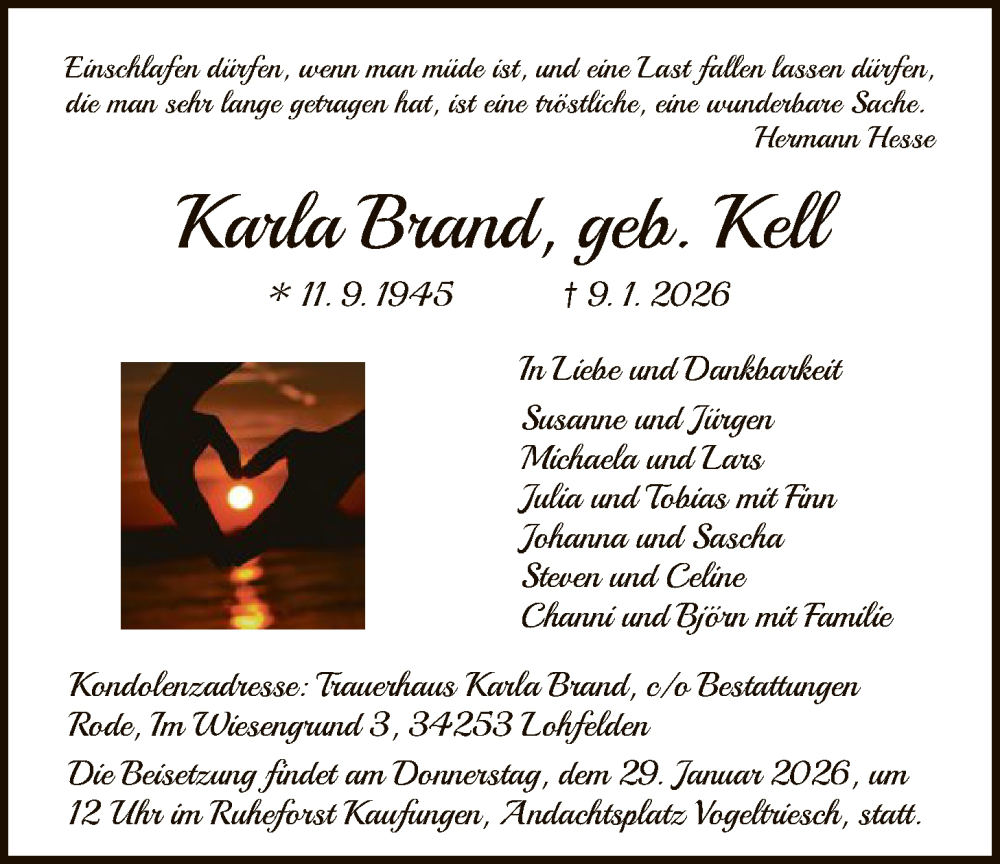  Traueranzeige für Karla Brand vom 24.01.2026 aus HNA