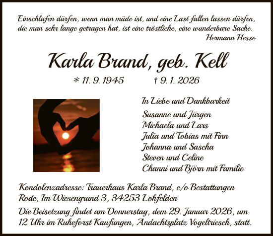 Traueranzeige von Karla Brand von HNA