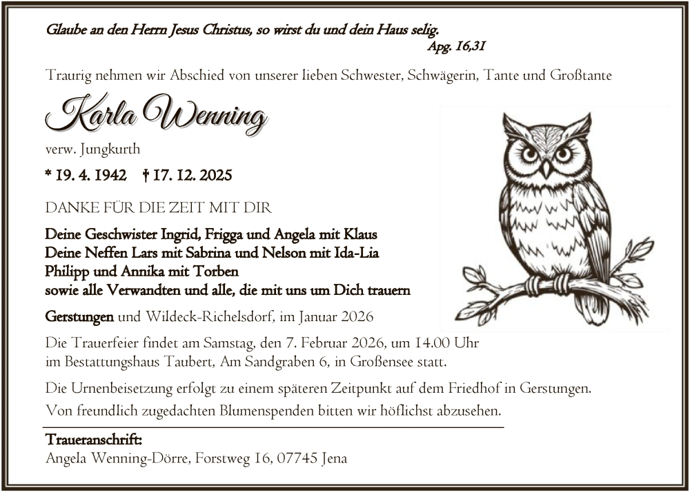  Traueranzeige für Karla Wenning vom 31.01.2026 aus HNA