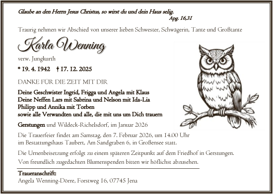Traueranzeige von Karla Wenning von HNA