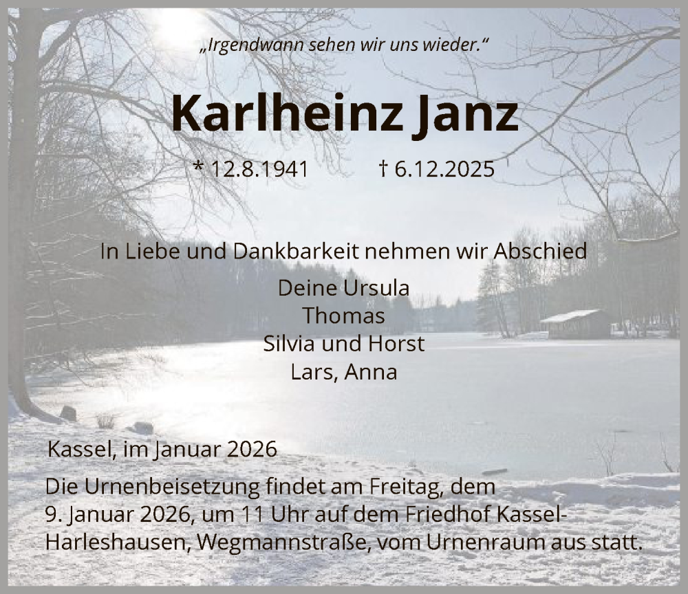  Traueranzeige für Karlheinz Janz vom 03.01.2026 aus HNA