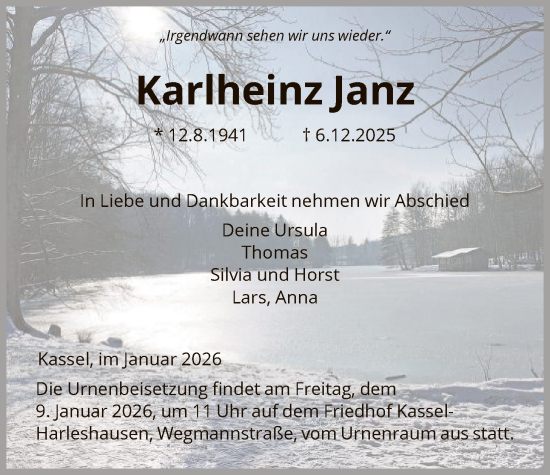 Traueranzeige von Karlheinz Janz von HNA