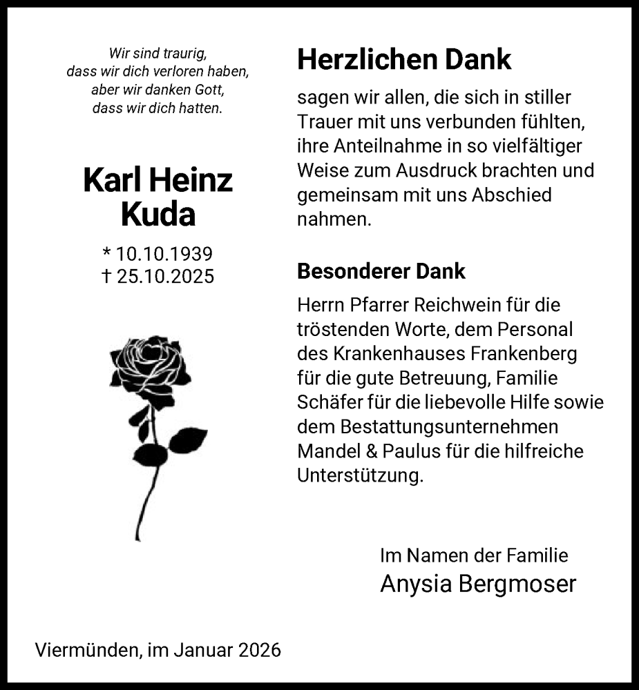  Traueranzeige für Karl Heinz Kuda vom 10.01.2026 aus HNA