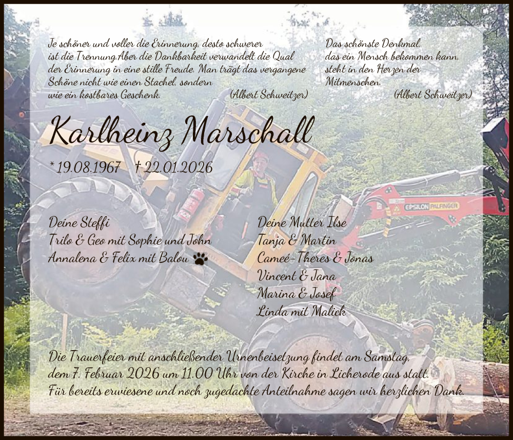  Traueranzeige für Karlheinz Marschall vom 31.01.2026 aus HNA