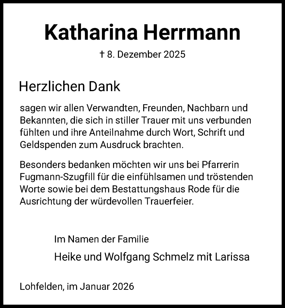  Traueranzeige für Katharina Herrmann vom 17.01.2026 aus HNA