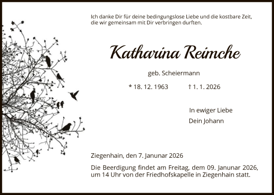 Traueranzeige von Katharina Reimche von HNA