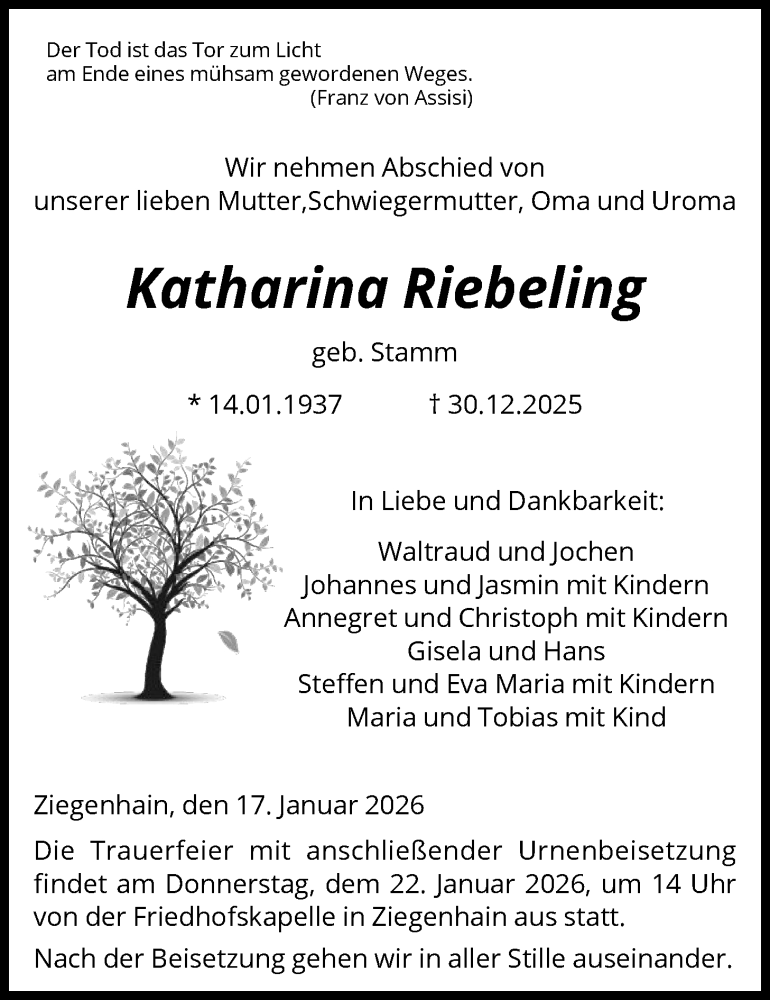  Traueranzeige für Katharina Riebeling vom 17.01.2026 aus HNA
