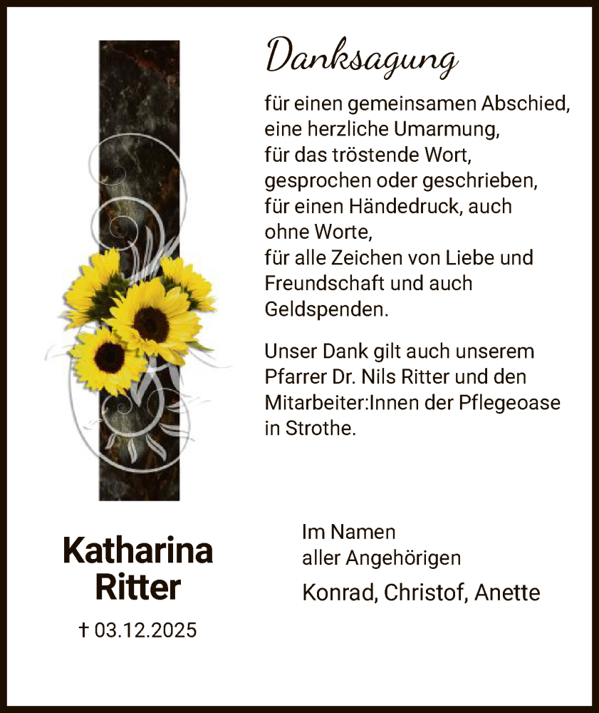  Traueranzeige für Katharina Ritter vom 17.01.2026 aus HNAWLZ