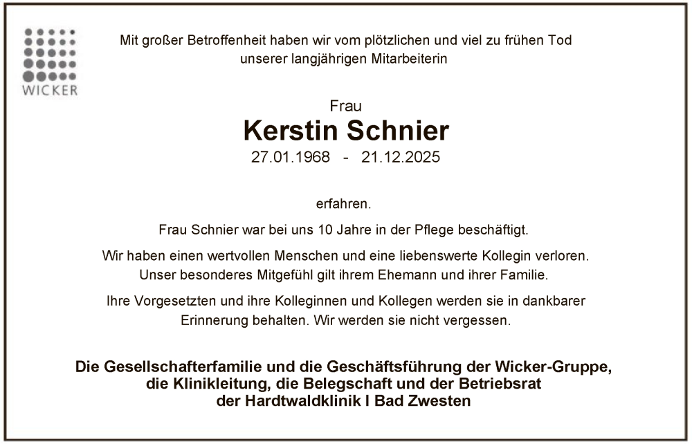  Traueranzeige für Kerstin Schnier vom 17.01.2026 aus HNA