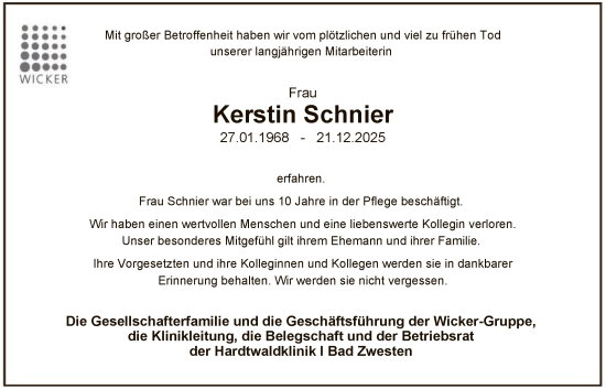Traueranzeige von Kerstin Schnier von HNA