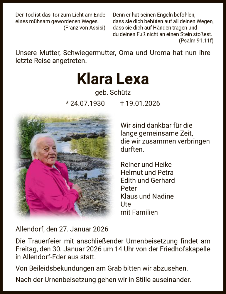  Traueranzeige für Klara Lexa vom 27.01.2026 aus HNA