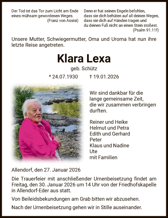 Traueranzeige von Klara Lexa von HNA