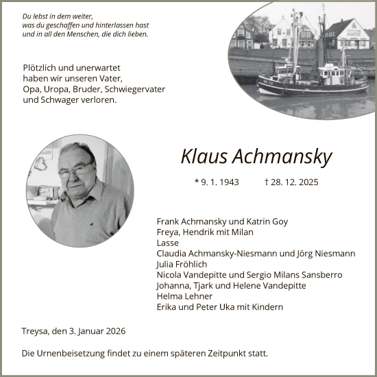 Traueranzeige von Klaus Achmansky von HNA