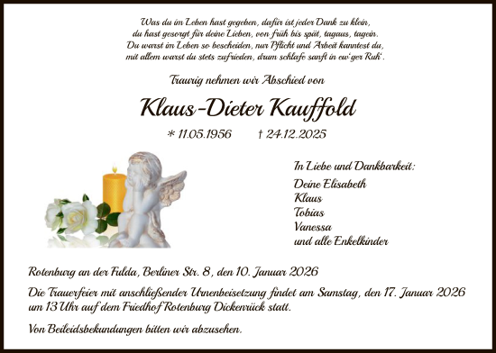 Traueranzeige von Klaus-Dieter Kauffold von HNA