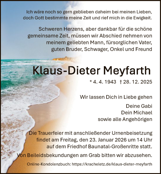 Traueranzeige von Klaus-Dieter Meyfarth von HNA