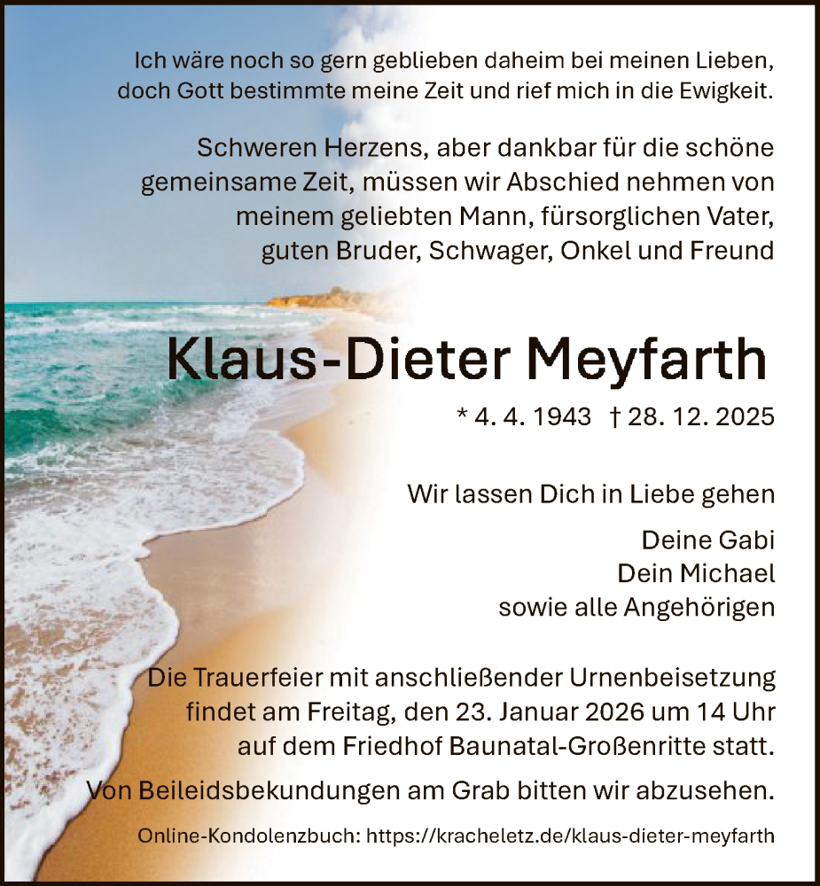  Traueranzeige für Klaus-Dieter Meyfarth vom 17.01.2026 aus HNA