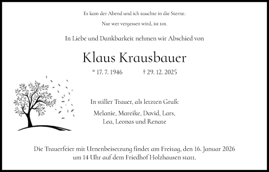Traueranzeige von Klaus Krausbauer von HNA