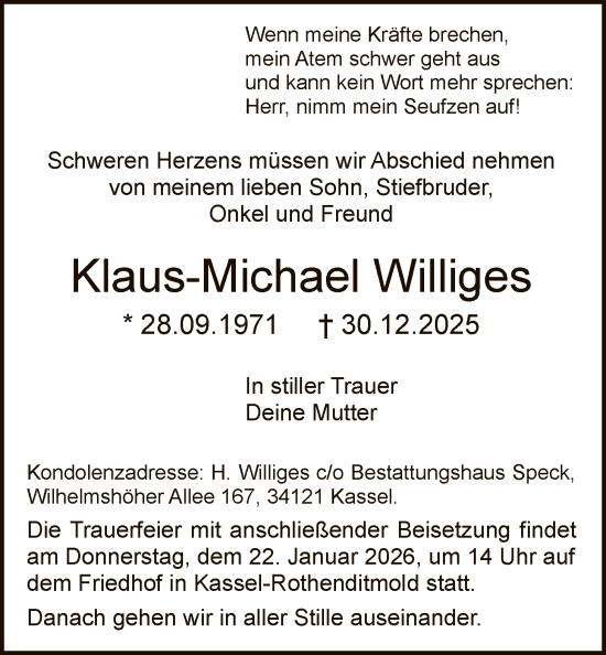 Traueranzeige von Klaus-Michael Williges von HNA