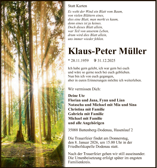 Traueranzeige von Klaus-Peter Müller von HNA