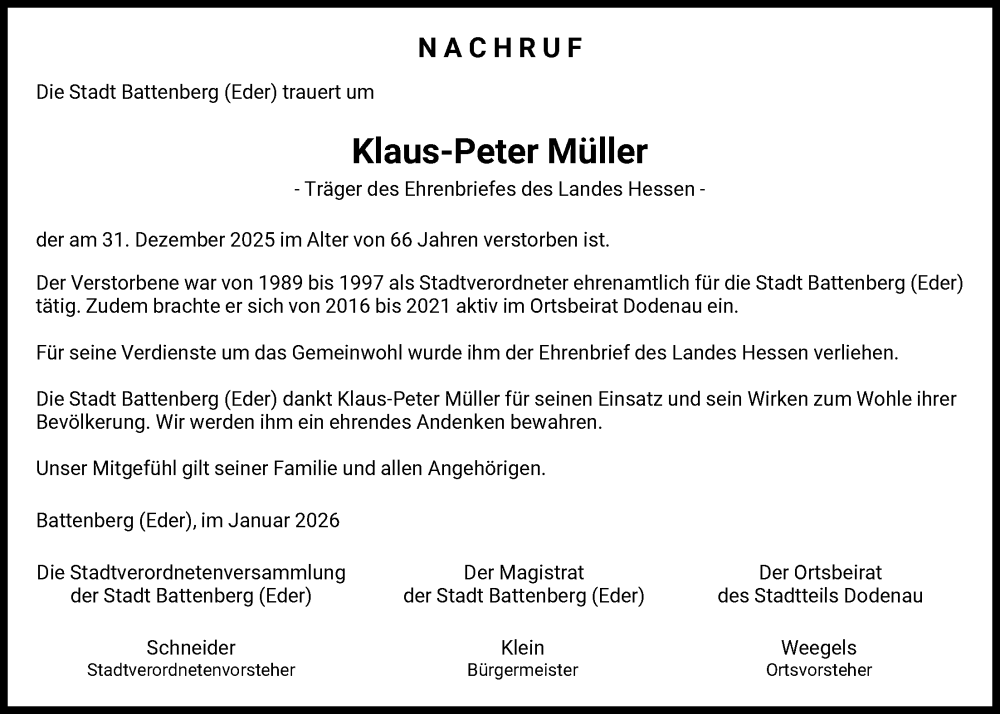  Traueranzeige für Klaus-Peter Müller vom 08.01.2026 aus HNA