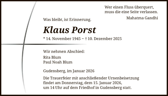 Traueranzeige von Klaus Porst von HNA