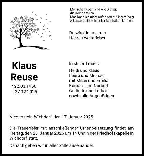 Traueranzeige von Klaus Reuse von HNA