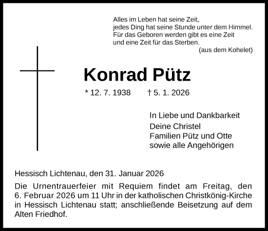 Traueranzeige von Konrad Pütz von HNA