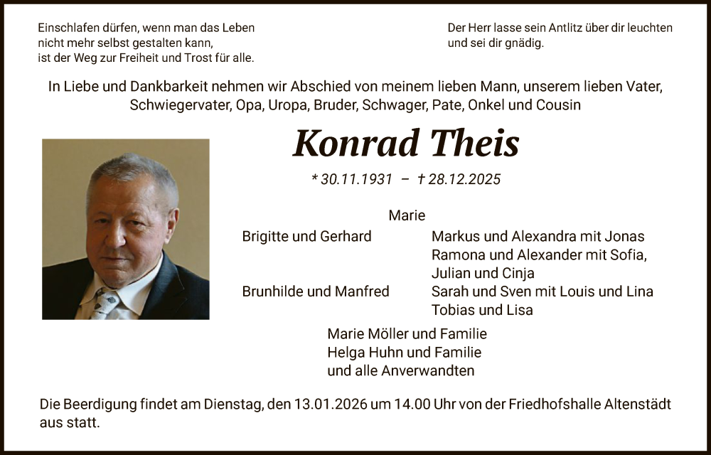  Traueranzeige für Konrad Theis vom 10.01.2026 aus HNA