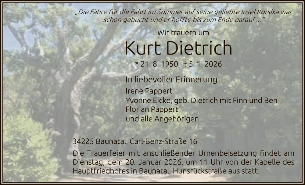  Traueranzeige für Kurt Dietrich vom 17.01.2026 aus HNA