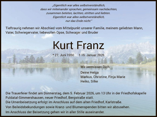 Traueranzeige von Kurt Franz von HNA