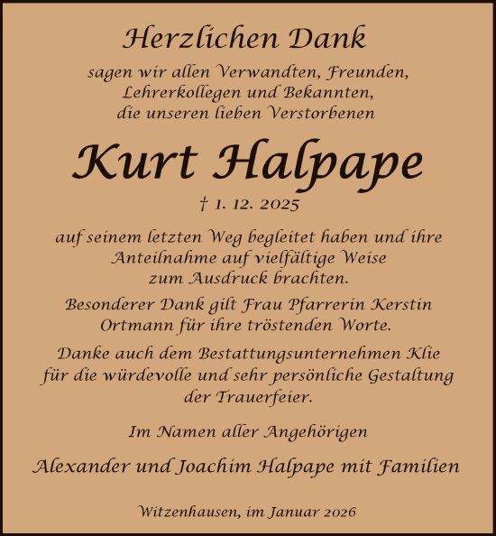 Traueranzeige von Kurt Halpape von HNA