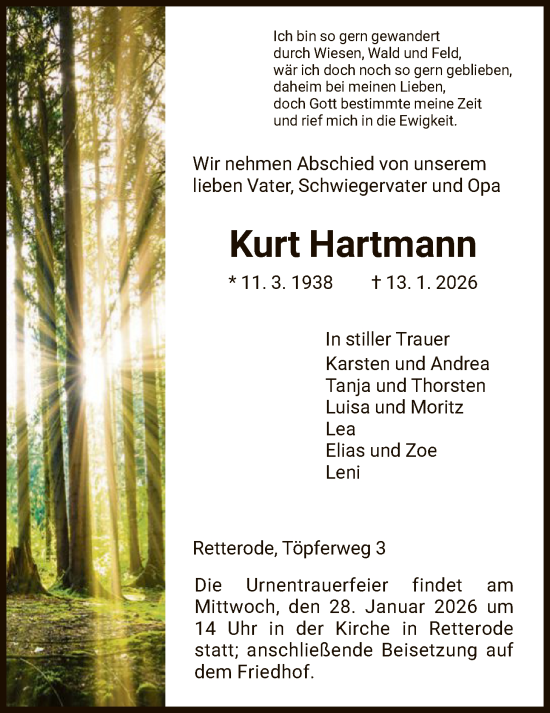 Traueranzeige von Kurt Hartmann von HNA