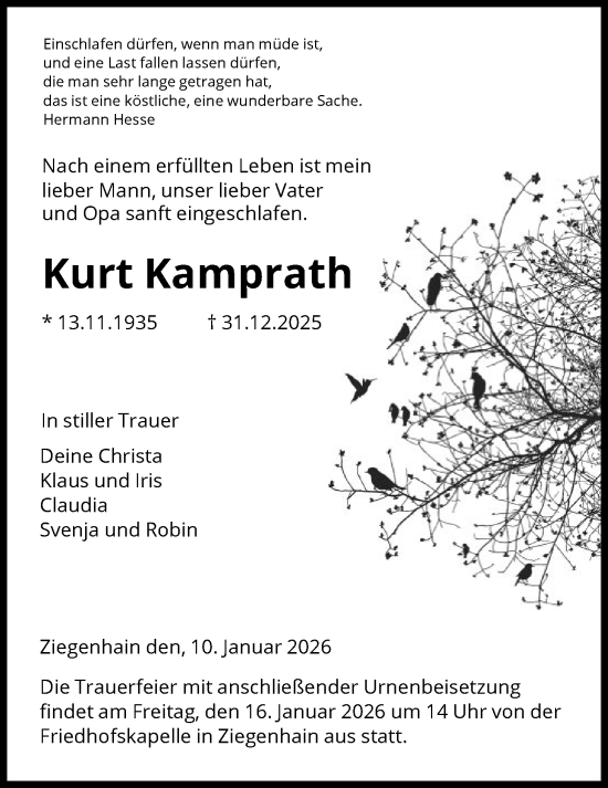 Traueranzeige von Kurt Kamprath von HNA
