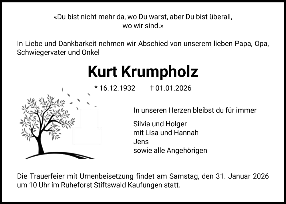  Traueranzeige für Kurt Krumpholz vom 28.01.2026 aus HNA