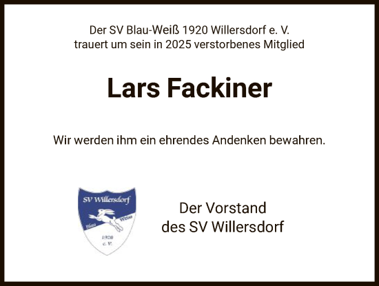 Traueranzeige von Lars Fackiner von HNA