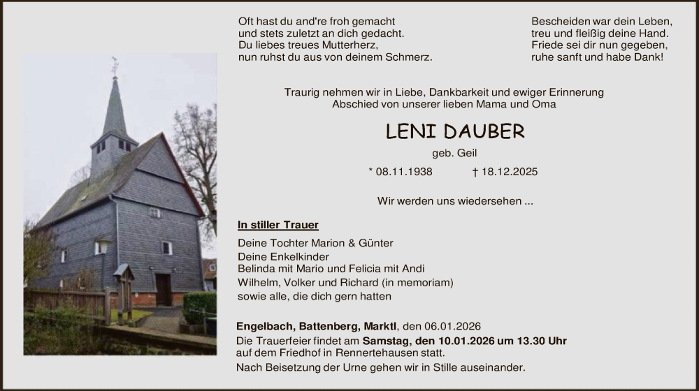  Traueranzeige für Leni Dauber vom 06.01.2026 aus HNA