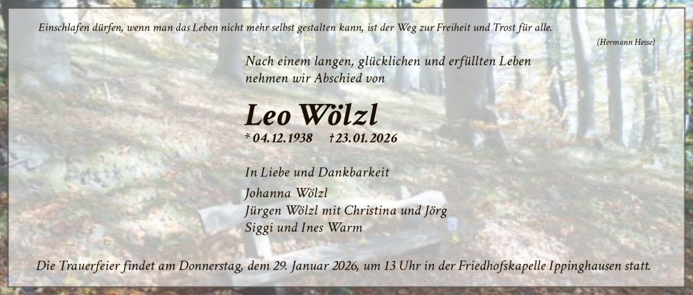  Traueranzeige für Leo Wölzl vom 27.01.2026 aus HNA