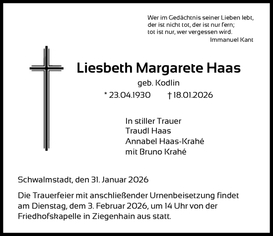Traueranzeige von Liesbeth Margarete Haas von HNA