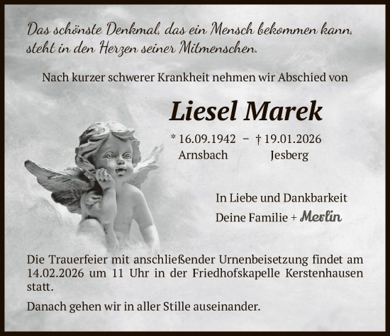Traueranzeige von Liesel Marek von HNA
