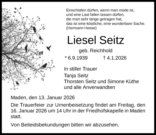 Traueranzeige von Liesel Seitz von HNA