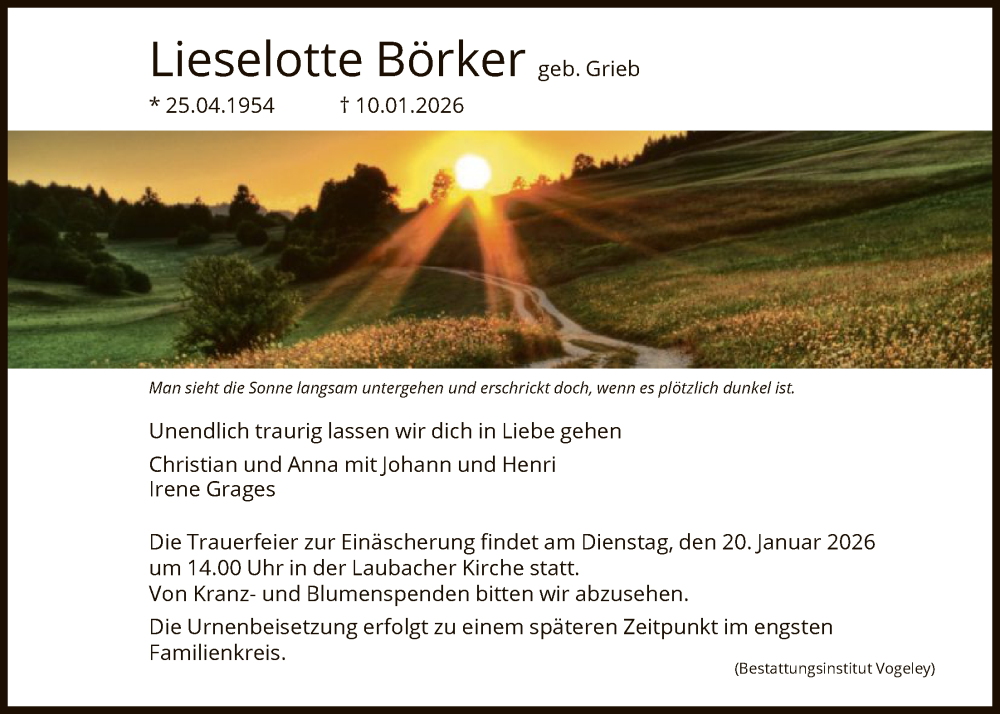  Traueranzeige für Lieselotte Börker vom 17.01.2026 aus HNA