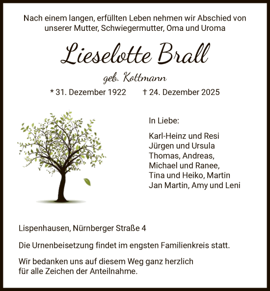 Traueranzeige von Lieselotte Brall von HNA