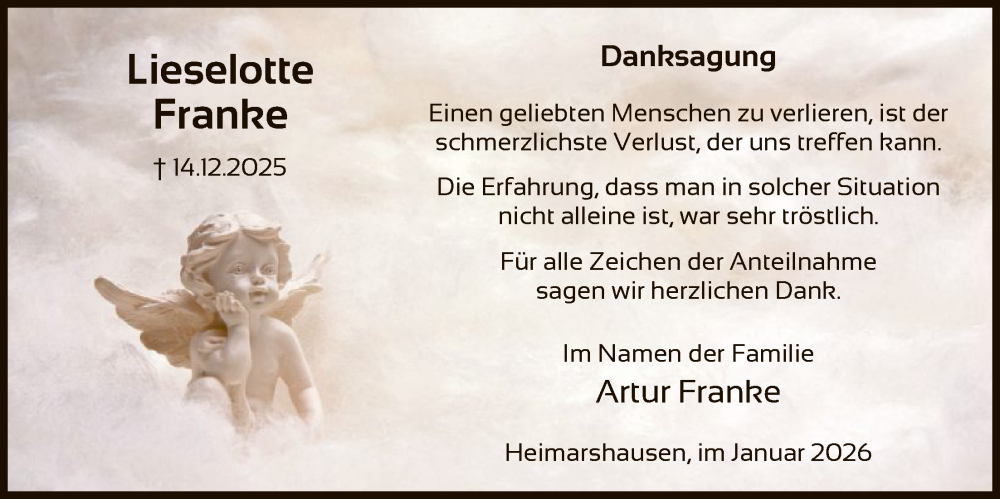  Traueranzeige für Lieselotte Franke vom 17.01.2026 aus HNAHNA