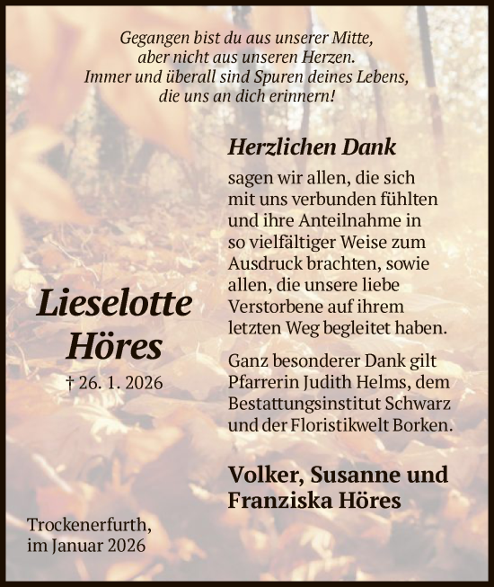 Traueranzeige von Lieselotte Höres von HNA