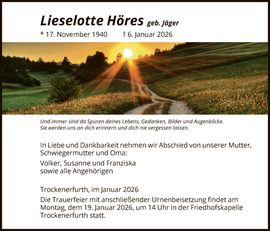 Traueranzeige von Lieselotte Höres von HNA