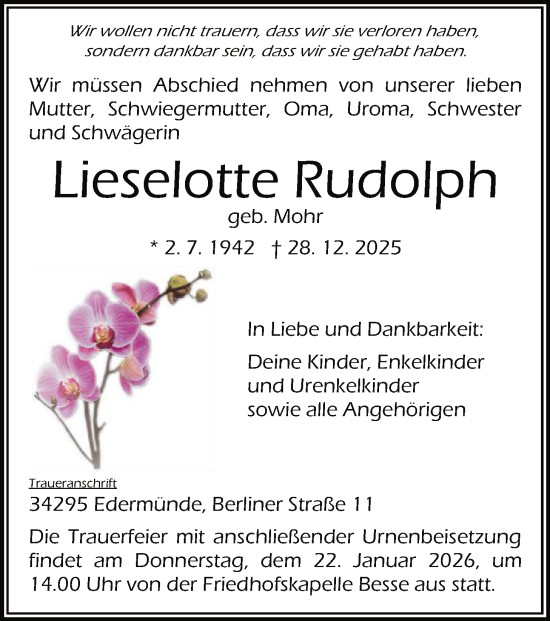 Traueranzeige von Lieselotte Rudolph von HNA