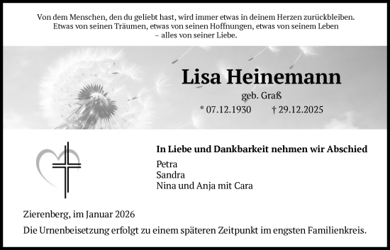 Traueranzeige von Lisa Heinemann von HNA